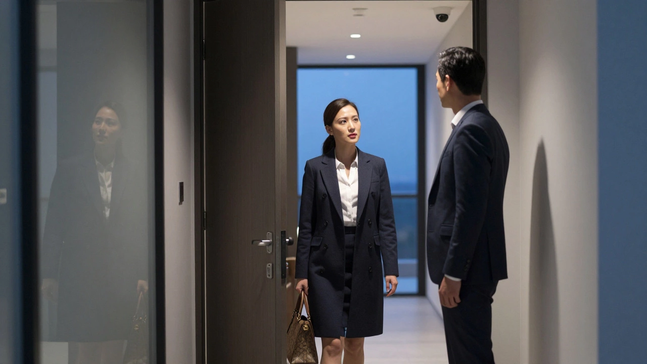 A professional woman exiting a Jumeirah apartment, greeted respectfully by a man in a suit, no physical contact.