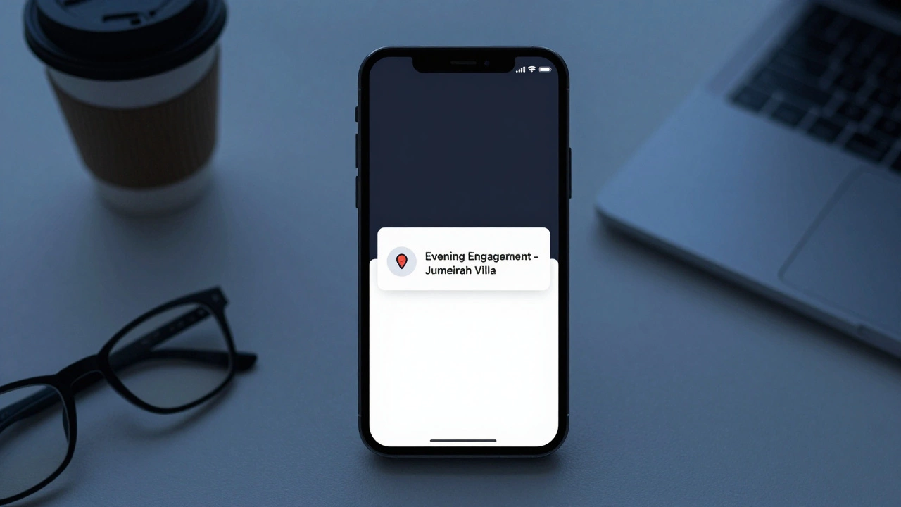 A smartphone screen showing an encrypted calendar reminder for a private engagement, surrounded by personal items.